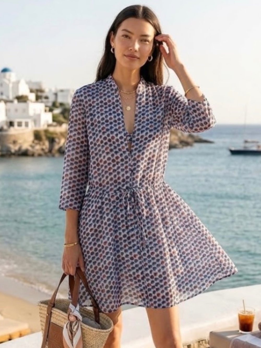 Tory Burch 2025 Candy Dot Silk Mini Shirtdress Blue Semi Sheer Size 4 NWOT